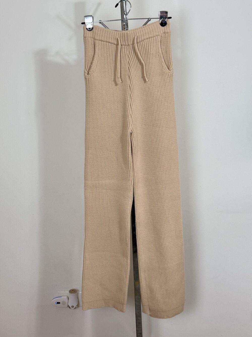 Athina Women’s Beige Pants 100% Viscose Ribbed Knit Wide Leg Drawstring Size S